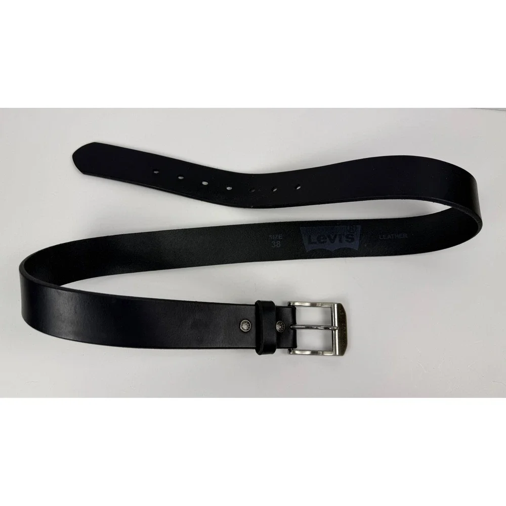 Levis Mens Leather Belt Black Size 38 Silver Tone Harness Buckle Logo Engraved